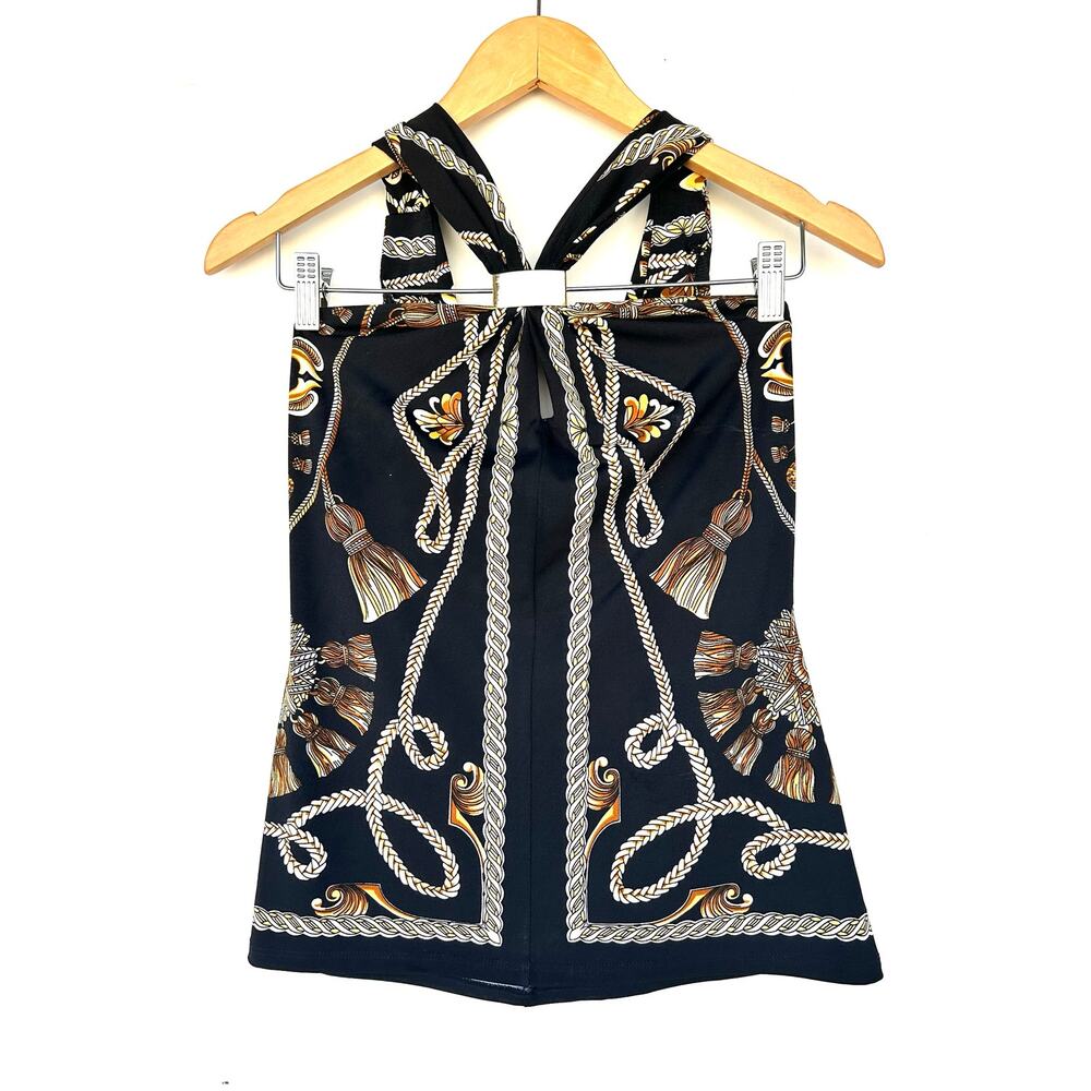 Vintage Y2K Cache Set Halter Top Mini Skirt Baroque Scarf Versace Medium 8 Gold - Picture 3 of 13
